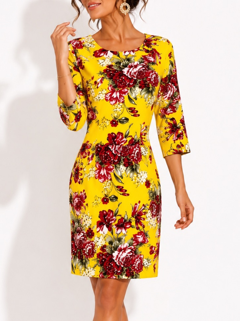 Ruby Rocks Vibrant Yellow Retro Tropical Floral Resortwear Sheath Dress Size L